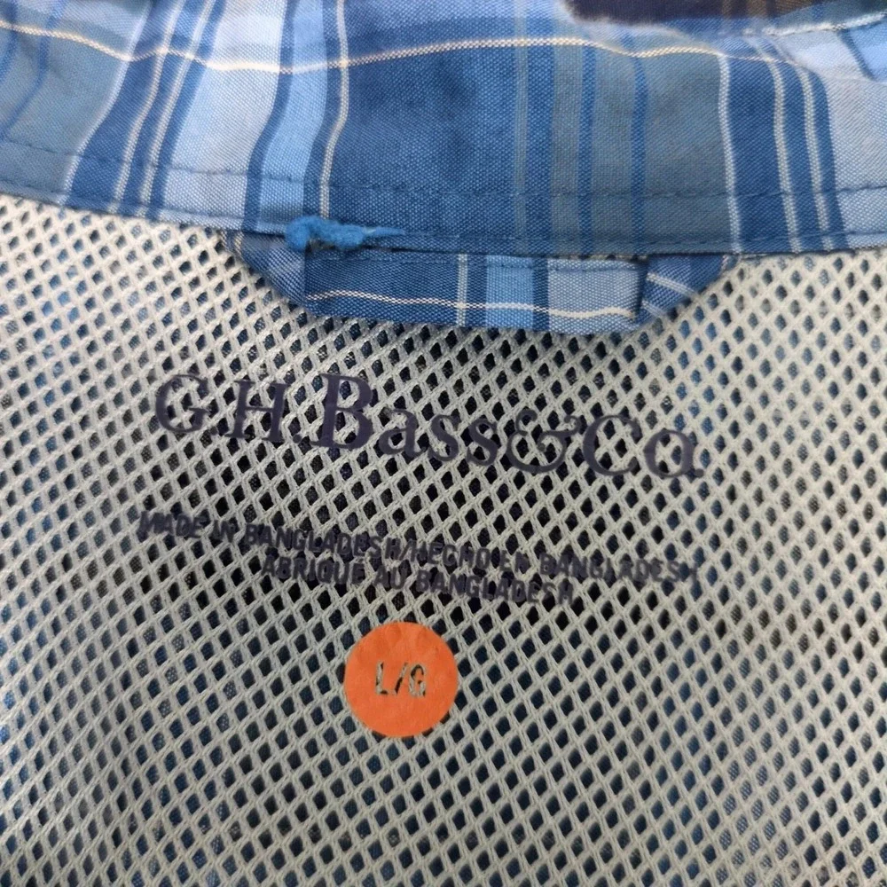 G.H. Bass Blue Plaid Outdoor Button Shirt Mens L Roll Tab Sleeves Hiking Camping